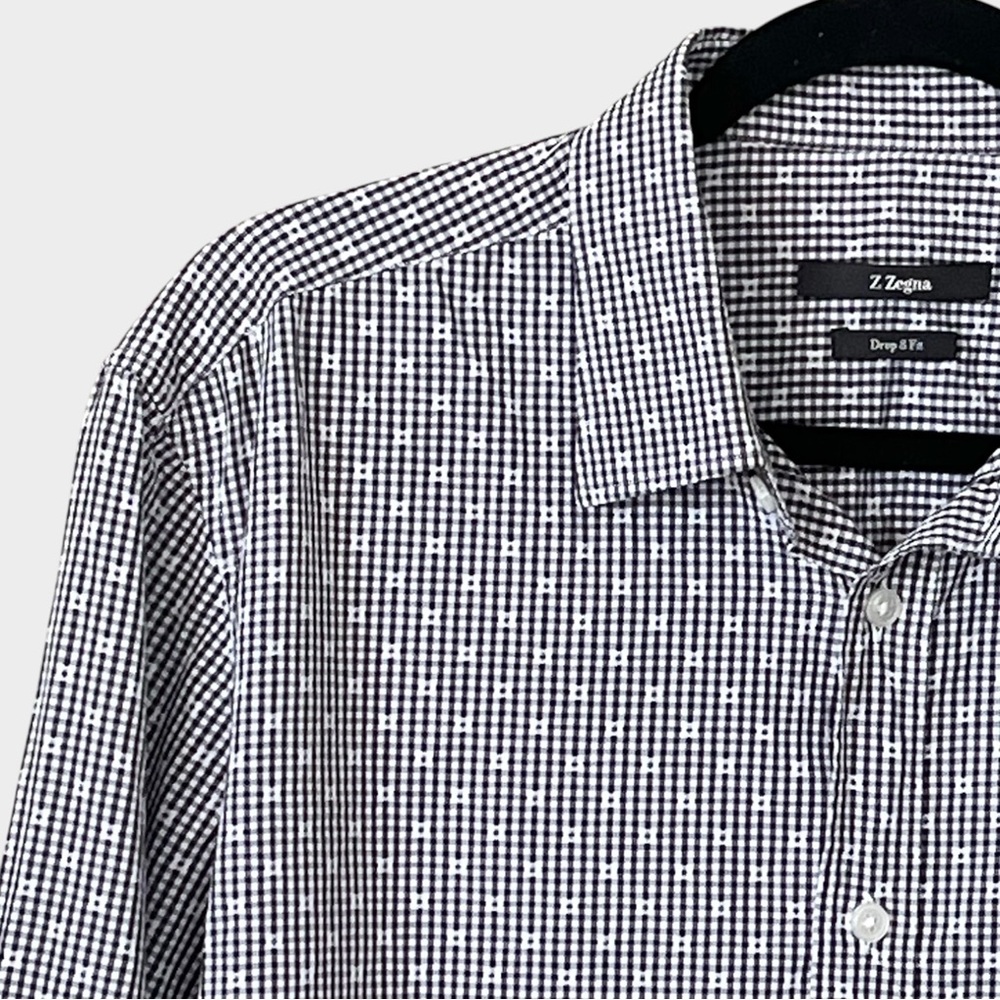 Z ZEGNA Black & White Micro Gingham Button Down Shirt Drop 8 Fit Size 42 / 16.5